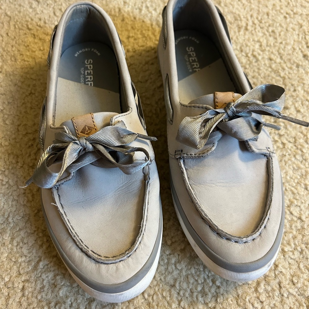 Sperry Light Gray Boat Shoes with Ribbon Laces